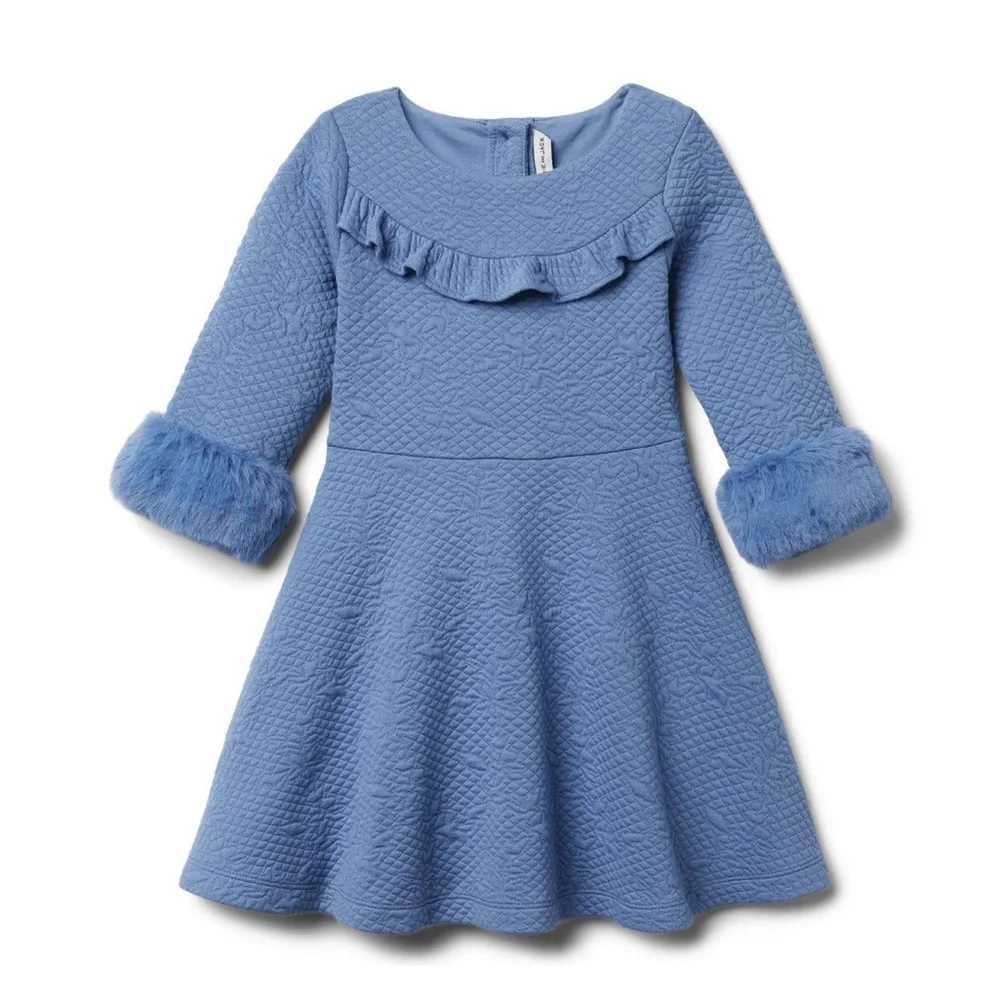 • Janie and Jack • Little Girls FLORAL JACQUARD FAUX FUR CUFF DRESS Blue
